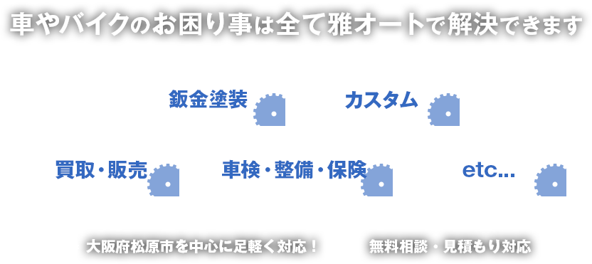 車やバイクのお困りごとは全て雅オートで解決できます